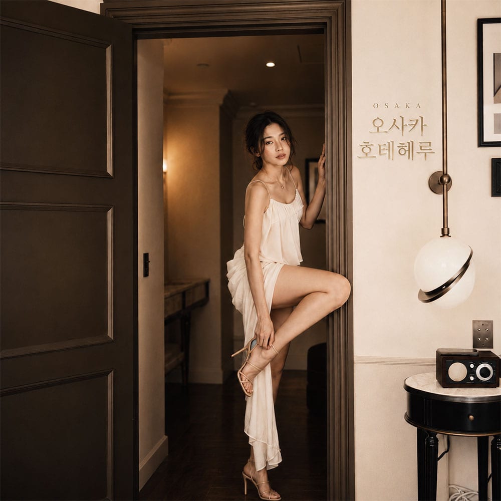 호텔 문을 열고 들어와서 신발을 벗고 있는 여자의 모습