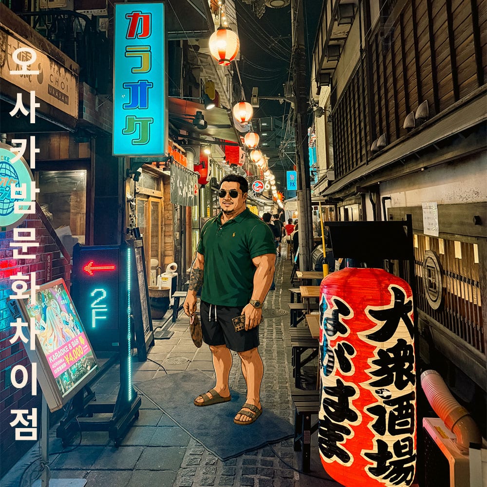 우메다 이자카야 골목의 풍경과 애니메이션화 시킨 김반장의 모습