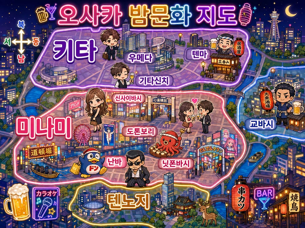 오사카 밤문화 주요 중심지역 AI 생성 지도